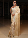 Banarasee Handwoven Semi Silk Saree With Silver Zari Jaal Design-Beige
