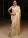 Banarasee Handwoven Semi Silk Saree With Silver Zari Jaal Design-Beige
