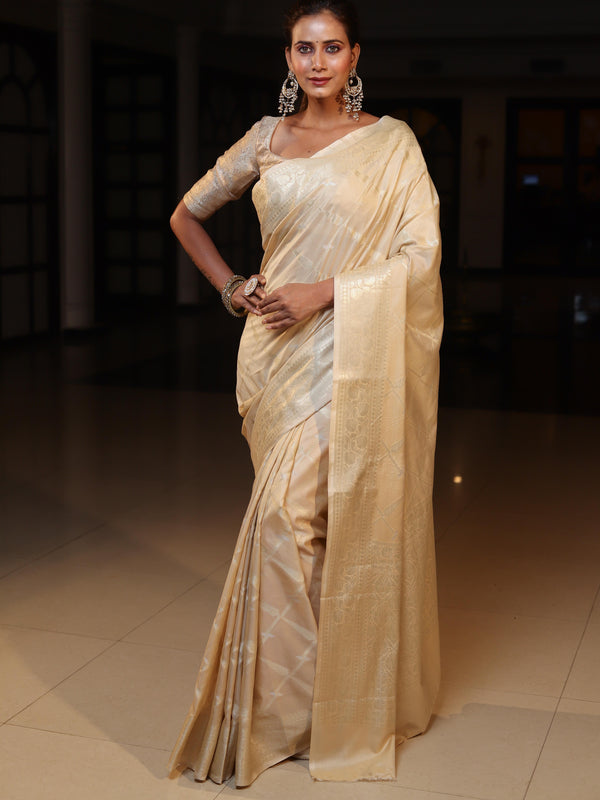 Banarasee Handwoven Semi Silk Saree With Silver Zari Jaal Design-Beige