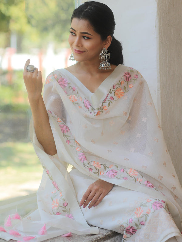 Banarasee Embroidered Linen Cotton Salwar Kameez Fabric With Dupatta-White