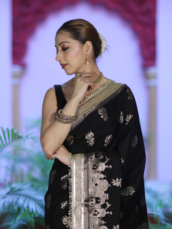 Banarasee Handloom Soft Silk Saree With Trishul Design Ganga Ghat Border & Lace-Black