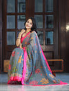 Banarasee Handloom Cotton Silk Saree With Digital Floral Prints & Contrast Border-Grey