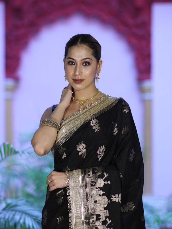 Banarasee Handloom Soft Silk Saree With Trishul Design Ganga Ghat Border & Lace-Black