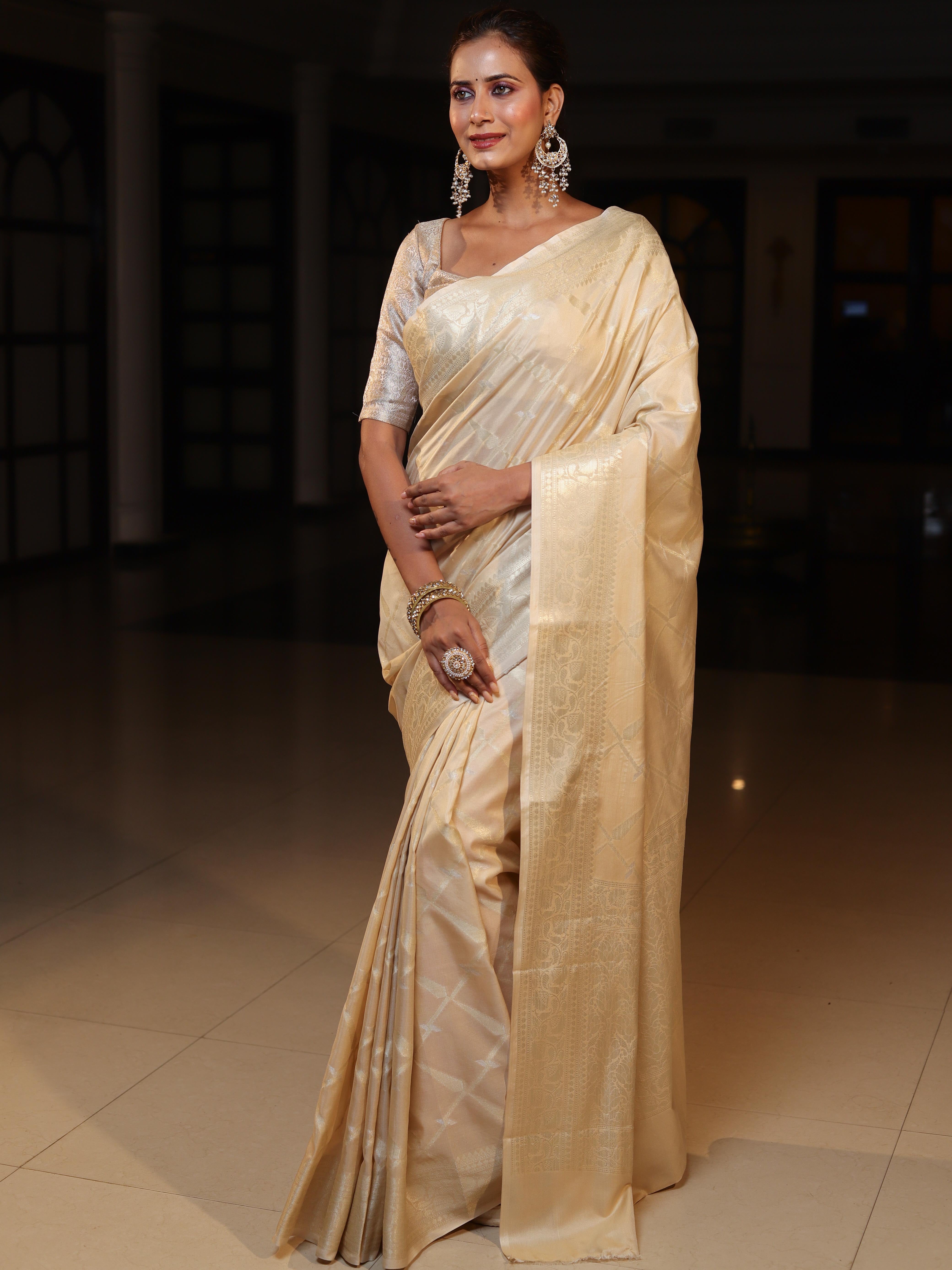 Banarasee Handwoven Semi Silk Saree With Silver Zari Jaal Design-Beige