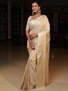 Banarasee Handwoven Semi Silk Saree With Silver Zari Jaal Design-Beige
