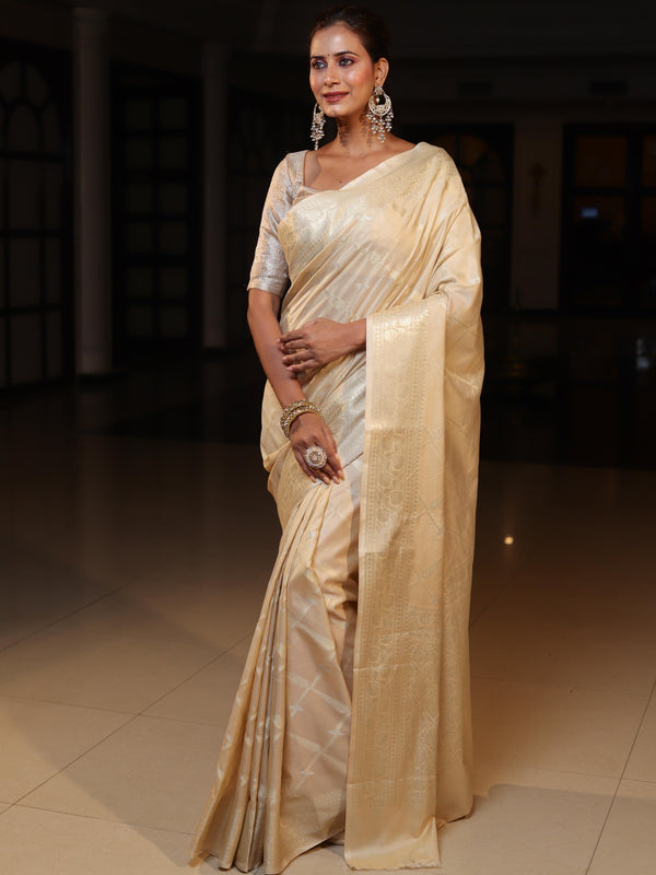 Banarasee Handwoven Semi Silk Saree With Silver Zari Jaal Design-Beige