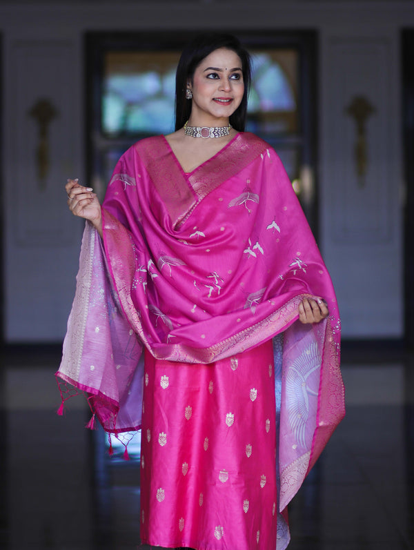 Banarasee Semi-Silk Zari Work Salwar Kameez Fabric With Digital Printed Dupatta Set-Pink