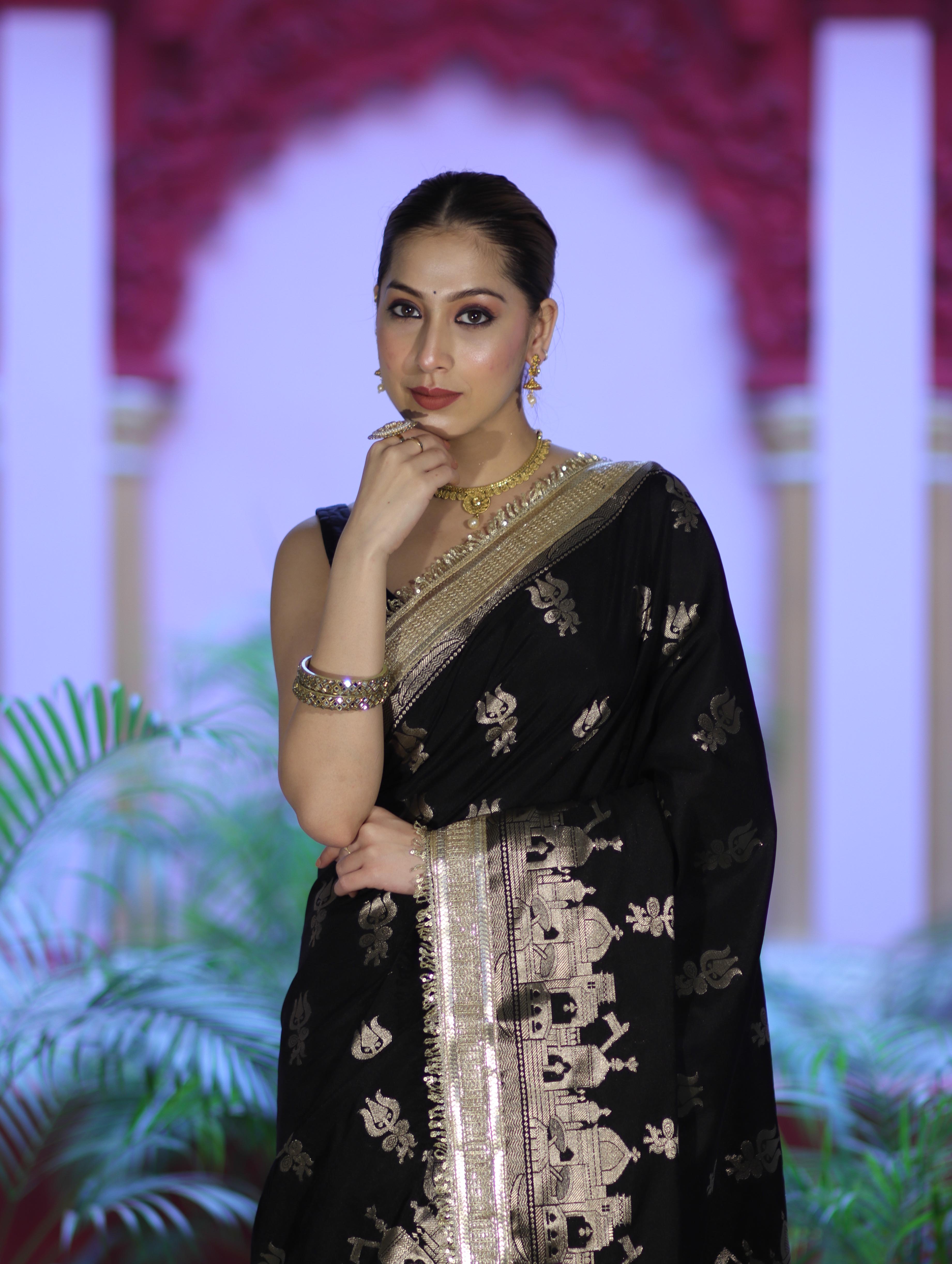 Banarasee Handloom Soft Silk Saree With Trishul Design Ganga Ghat Border & Lace-Black