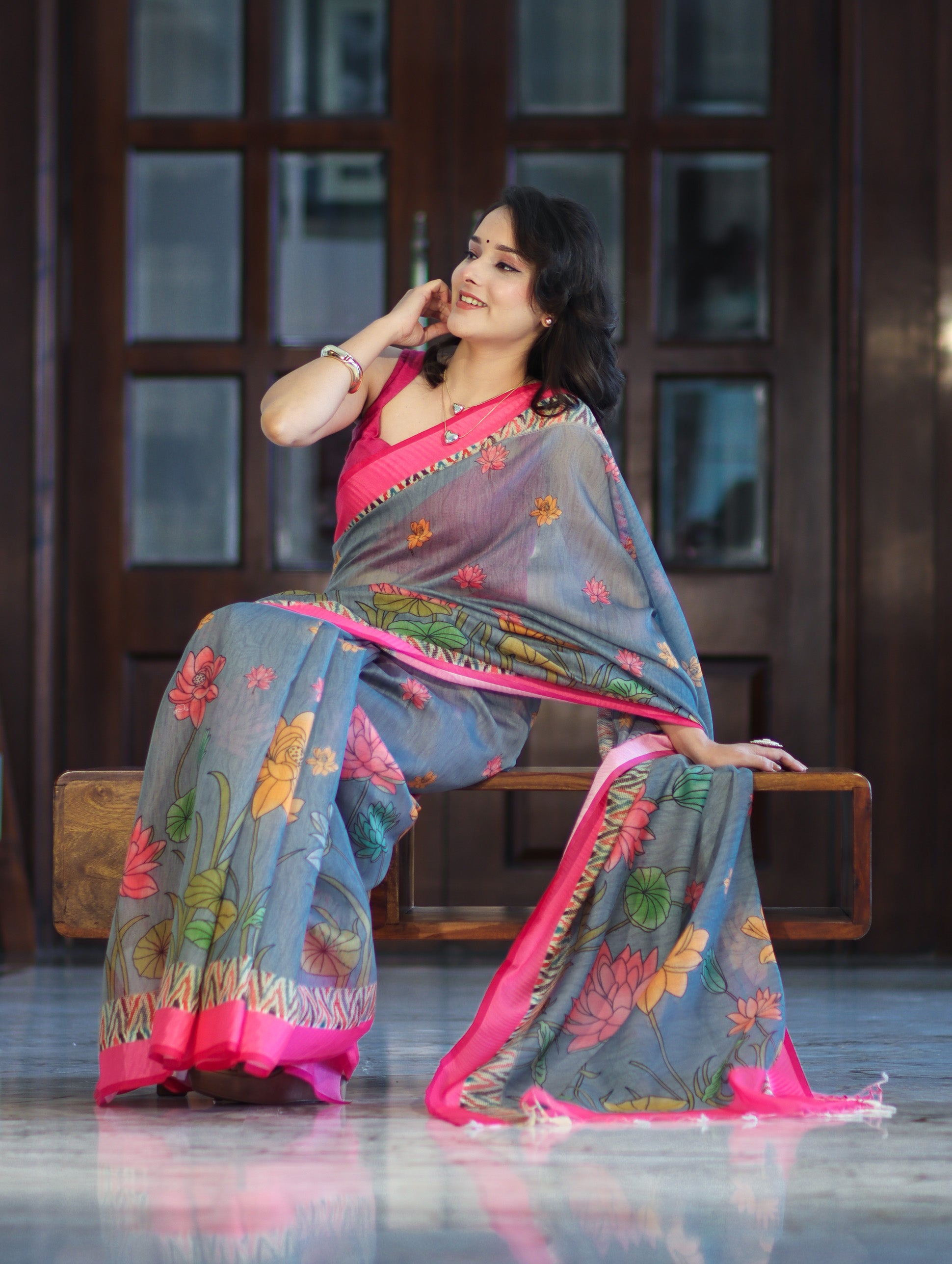 Banarasee Handloom Cotton Silk Saree With Digital Floral Prints & Contrast Border-Grey