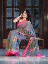 Banarasee Handloom Cotton Silk Saree With Digital Floral Prints & Contrast Border-Grey