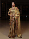 Banarasee Tissue Saree With Floral Weaving & Hand Embroidery Border-Golden Yellow