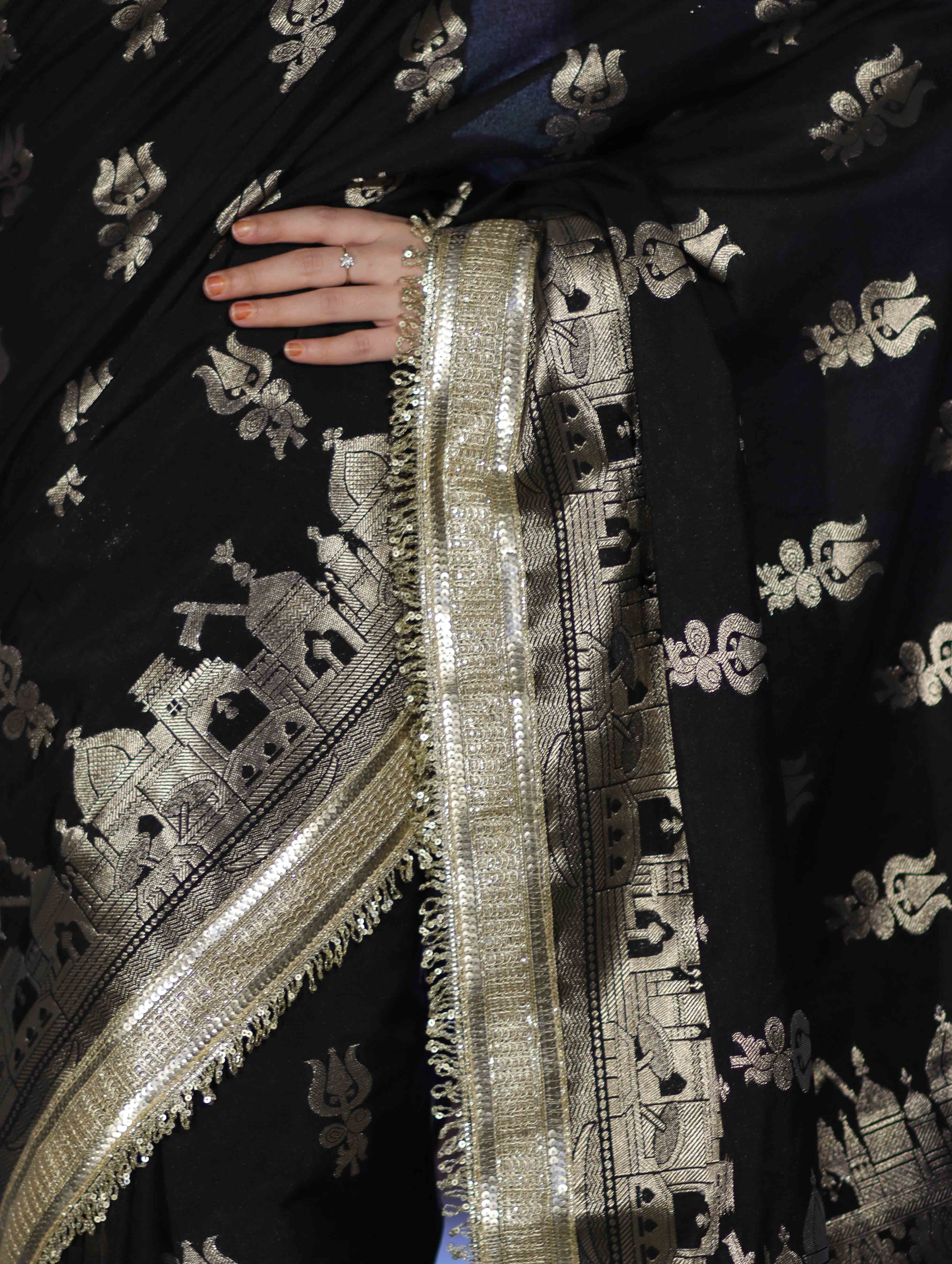 Banarasee Handloom Soft Silk Saree With Trishul Design Ganga Ghat Border & Lace-Black