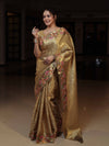 Banarasee Tissue Saree With Floral Weaving & Hand Embroidery Border-Golden Yellow