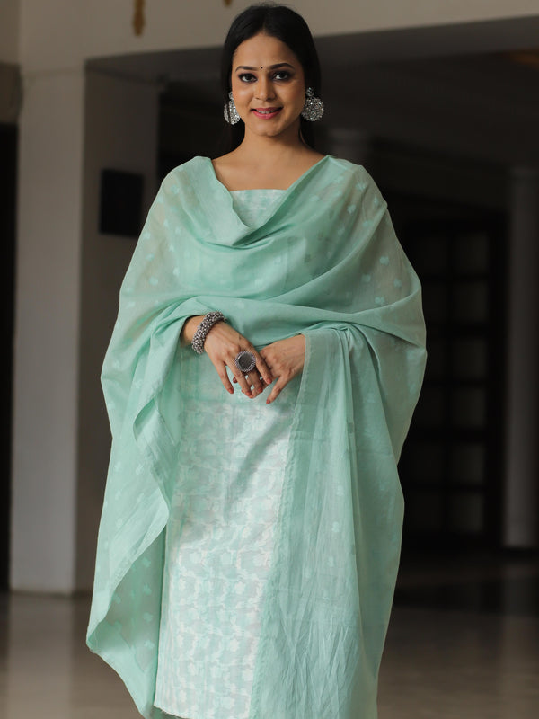 Banarasee Chanderi Cotton Resham Buti Salwar Kameez With Embroidered Dupatta-White & Green