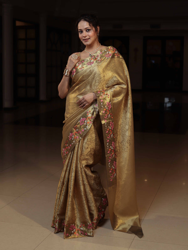 Banarasee Tissue Saree With Floral Weaving & Hand Embroidery Border-Golden Yellow