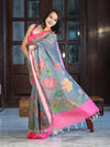 Banarasee Handloom Cotton Silk Saree With Digital Floral Prints & Contrast Border-Grey