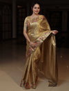 Banarasee Tissue Saree With Floral Weaving & Hand Embroidery Border-Golden Yellow