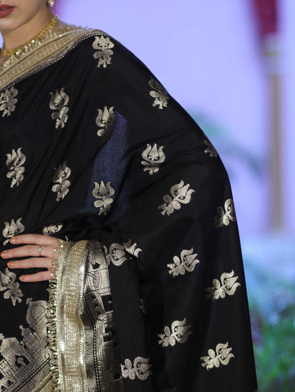 Banarasee Handloom Soft Silk Saree With Trishul Design Ganga Ghat Border & Lace-Black