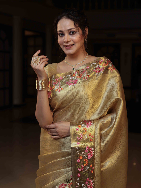 Banarasee Tissue Saree With Floral Weaving & Hand Embroidery Border-Golden Yellow