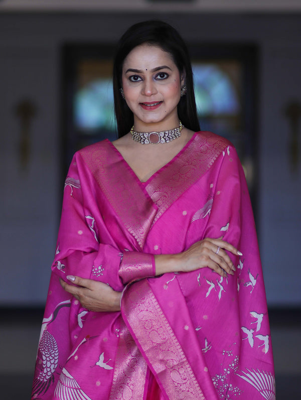 Banarasee Semi-Silk Zari Work Salwar Kameez Fabric With Digital Printed Dupatta Set-Pink
