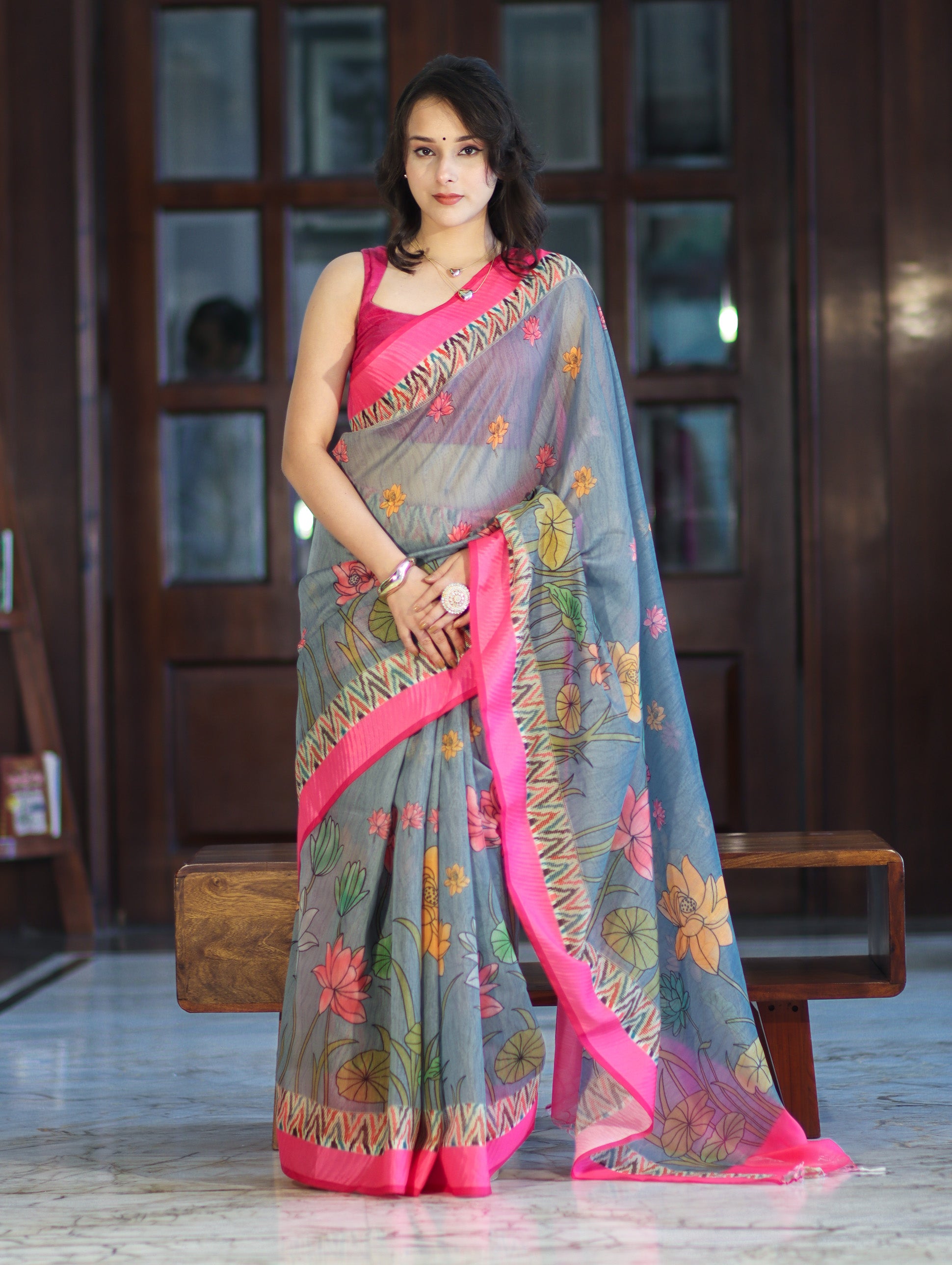 Banarasee Handloom Cotton Silk Saree With Digital Floral Prints & Contrast Border-Grey
