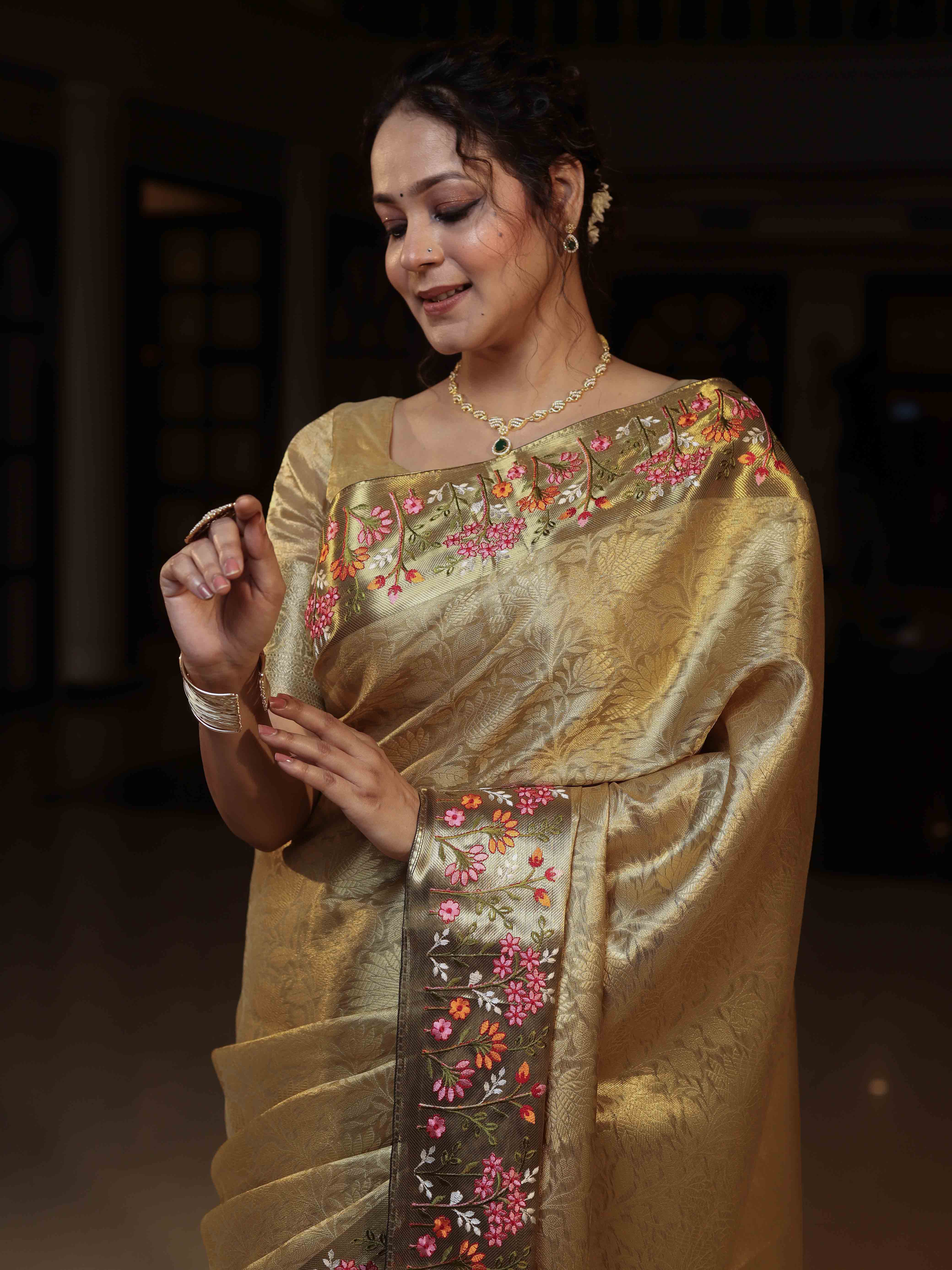 Banarasee Tissue Saree With Floral Weaving & Hand Embroidery Border-Golden Yellow