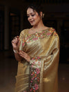 Banarasee Tissue Saree With Floral Weaving & Hand Embroidery Border-Golden Yellow