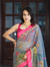 Banarasee Handloom Cotton Silk Saree With Digital Floral Prints & Contrast Border-Grey
