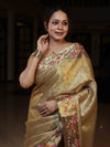Banarasee Tissue Saree With Floral Weaving & Hand Embroidery Border-Golden Yellow