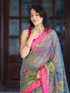 Banarasee Handloom Cotton Silk Saree With Digital Floral Prints & Contrast Border-Grey