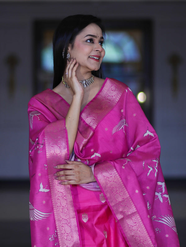 Banarasee Semi-Silk Zari Work Salwar Kameez Fabric With Digital Printed Dupatta Set-Pink