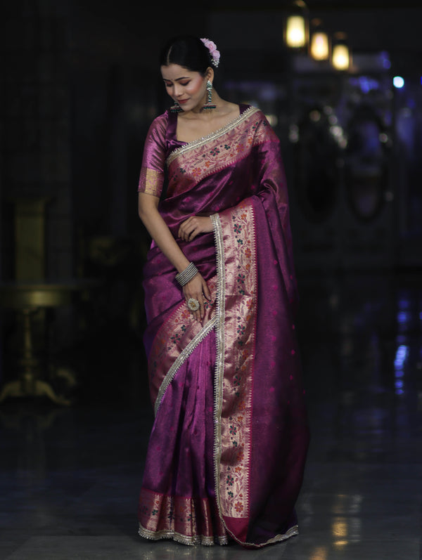 Banarasee Handloom Tissue Saree With Buti Design Contrast Border & Lace-Purple