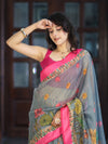 Banarasee Handloom Cotton Silk Saree With Digital Floral Prints & Contrast Border-Grey