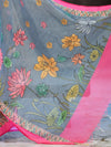 Banarasee Handloom Cotton Silk Saree With Digital Floral Prints & Contrast Border-Grey
