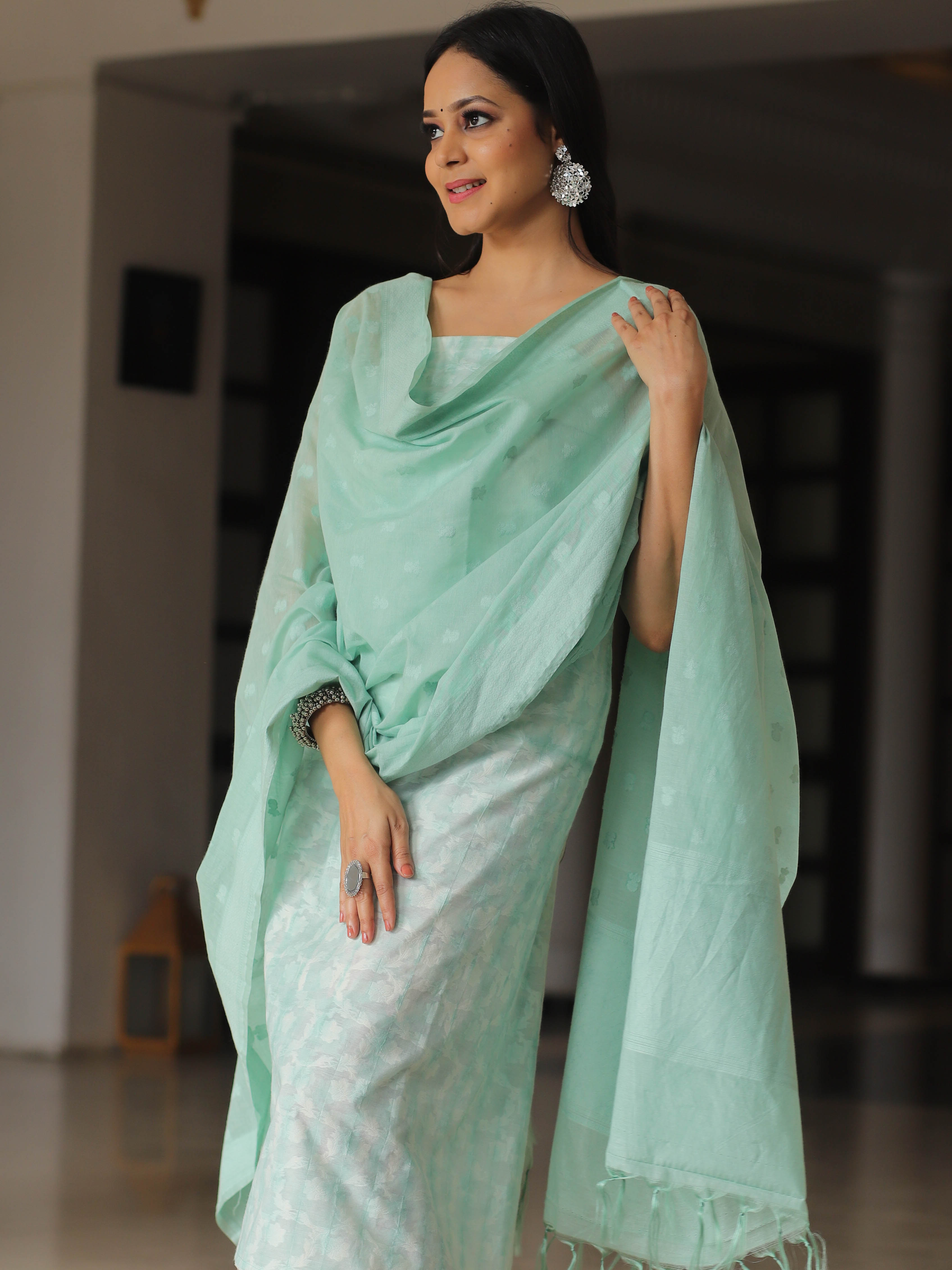 Banarasee Chanderi Cotton Resham Buti Salwar Kameez With Embroidered Dupatta-White & Green