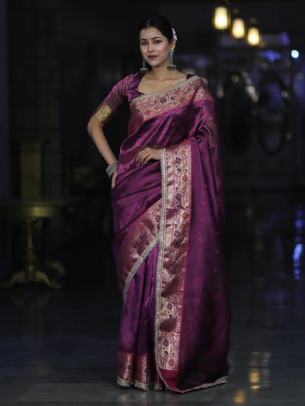 Banarasee Handloom Tissue Saree With Buti Design Contrast Border & Lace-Purple