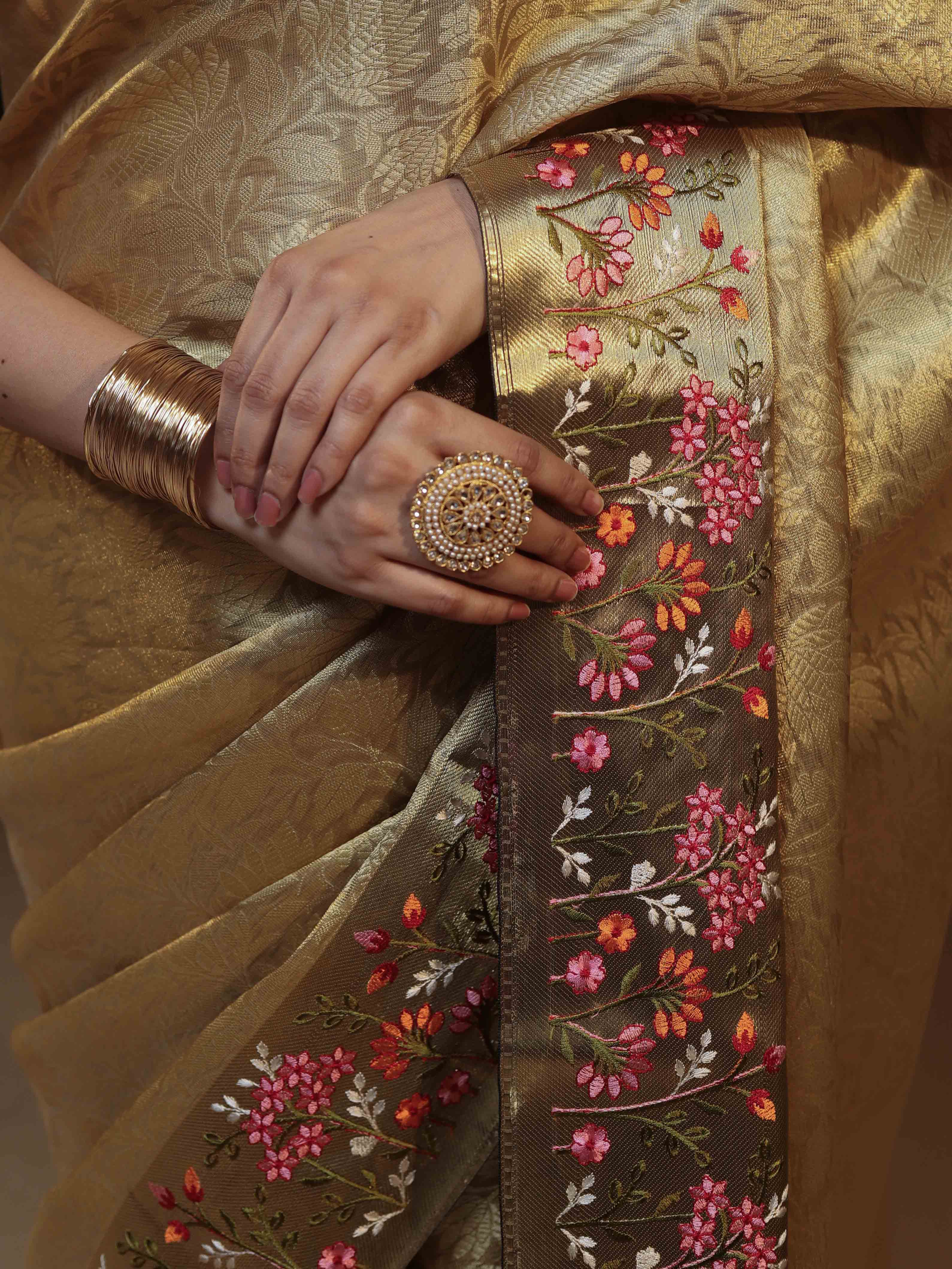 Banarasee Tissue Saree With Floral Weaving & Hand Embroidery Border-Golden Yellow