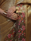 Banarasee Tissue Saree With Floral Weaving & Hand Embroidery Border-Golden Yellow