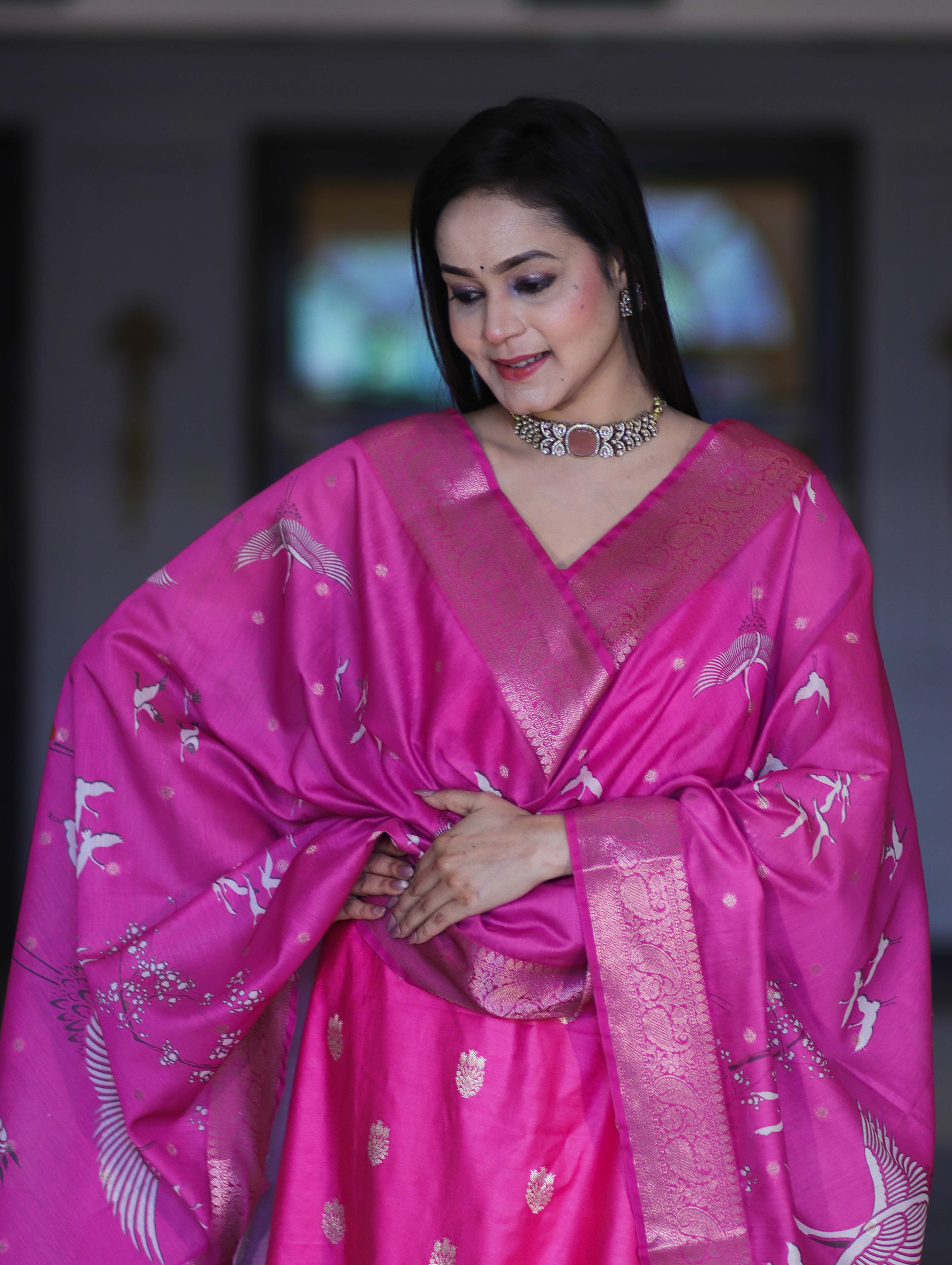 Banarasee Semi-Silk Zari Work Salwar Kameez Fabric With Digital Printed Dupatta Set-Pink
