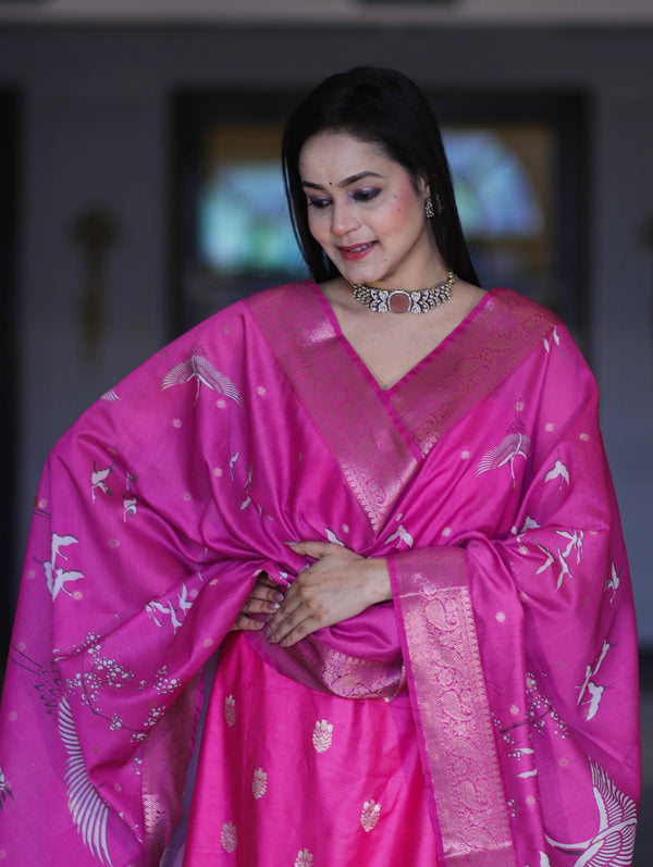 Banarasee Semi-Silk Zari Work Salwar Kameez Fabric With Digital Printed Dupatta Set-Pink