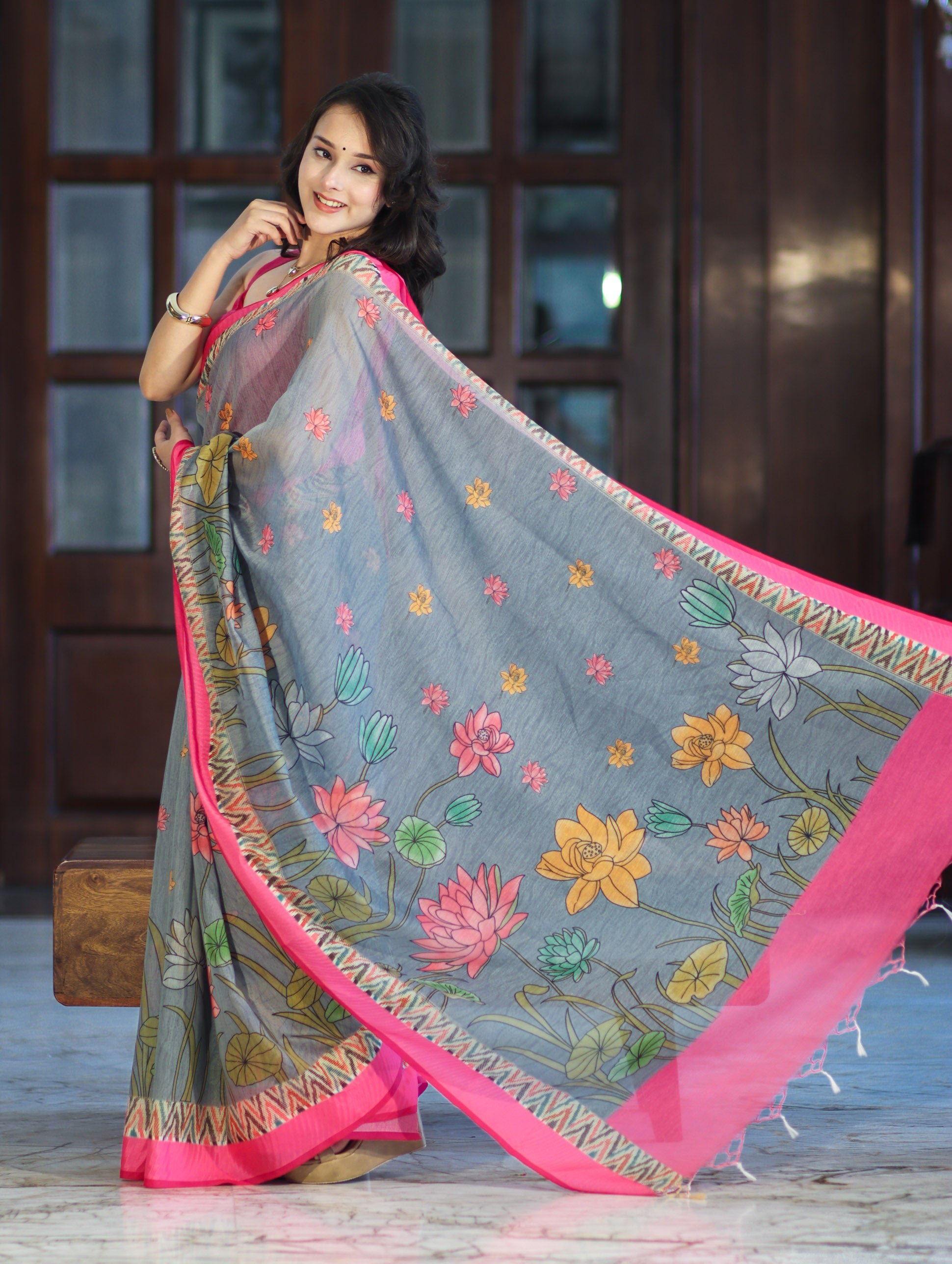 Banarasee Handloom Cotton Silk Saree With Digital Floral Prints & Contrast Border-Grey
