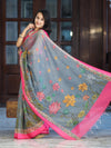 Banarasee Handloom Cotton Silk Saree With Digital Floral Prints & Contrast Border-Grey