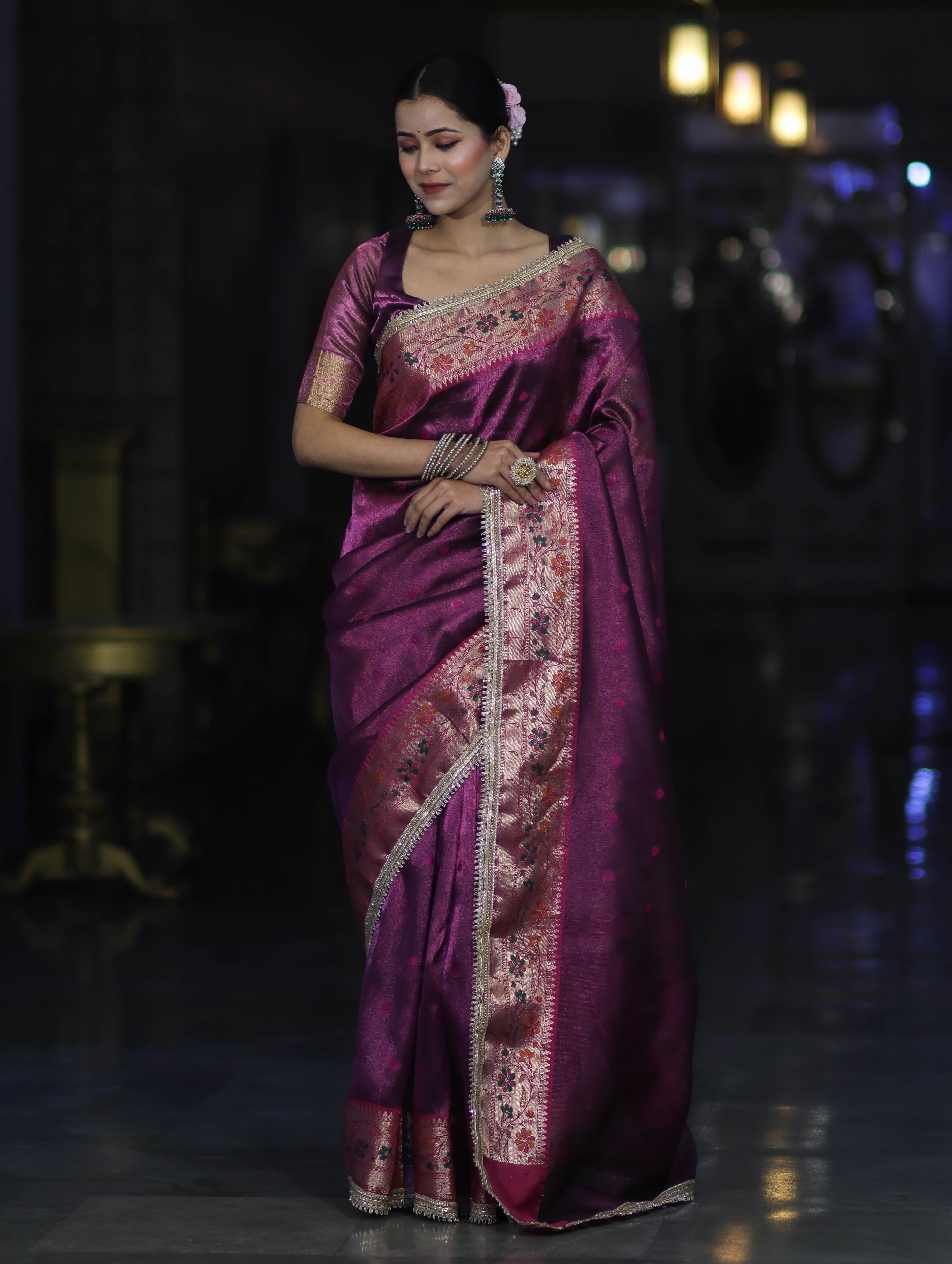 Banarasee Handloom Tissue Saree With Buti Design Contrast Border & Lace-Purple