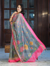 Banarasee Handloom Cotton Silk Saree With Digital Floral Prints & Contrast Border-Grey