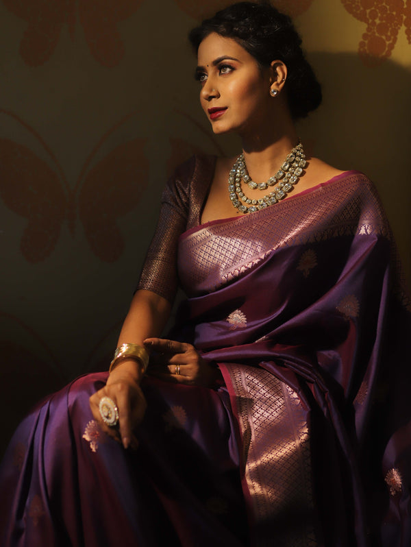 Banarasee Handwoven Dual Tone Semi Silk Saree With Zari Buti-Violet