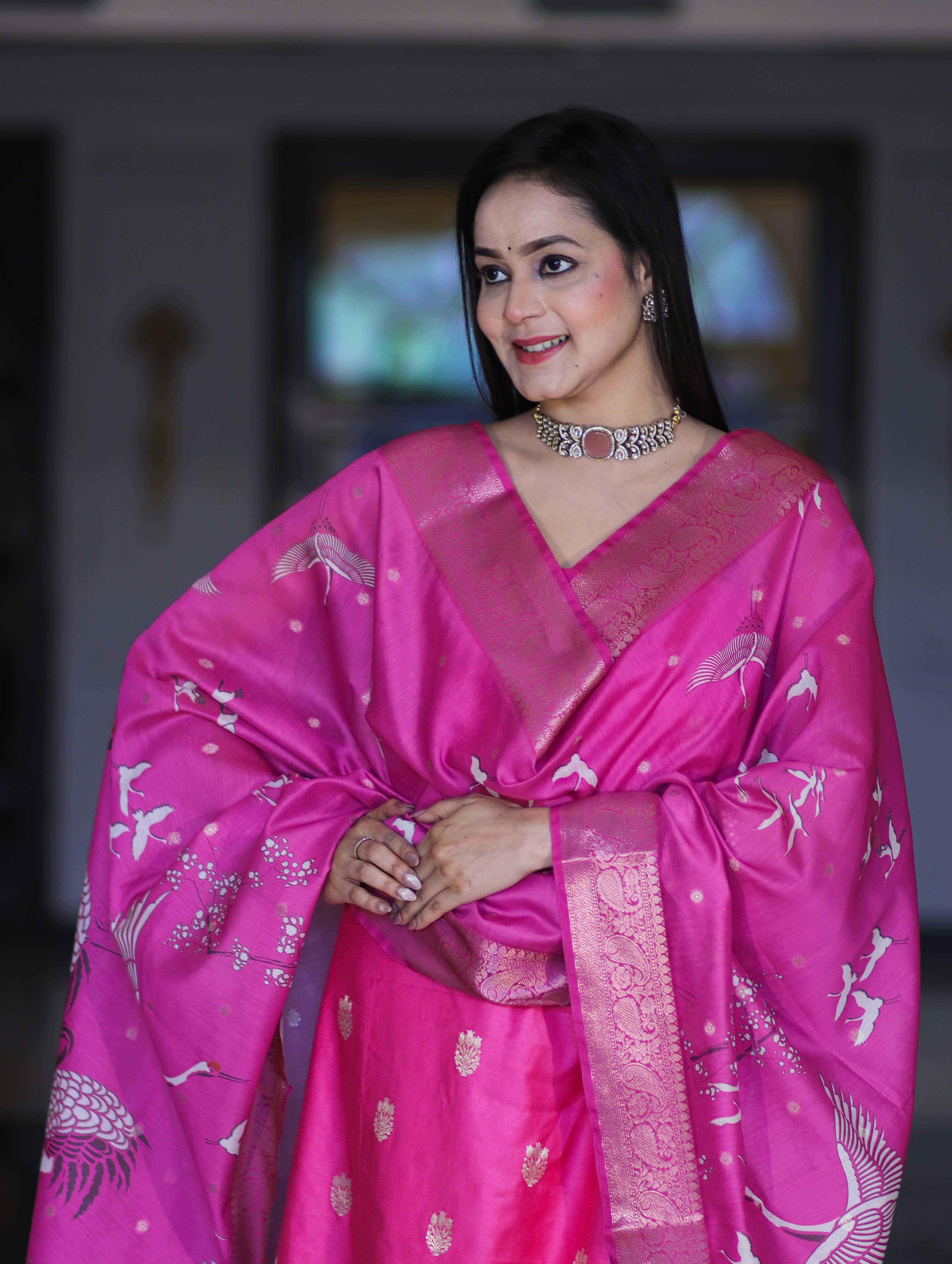 Banarasee Semi-Silk Zari Work Salwar Kameez Fabric With Digital Printed Dupatta Set-Pink
