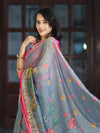 Banarasee Handloom Cotton Silk Saree With Digital Floral Prints & Contrast Border-Grey