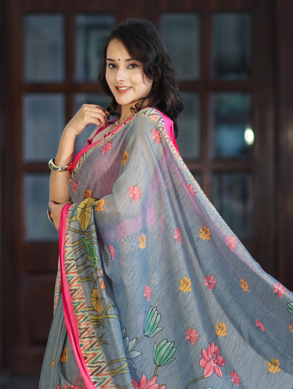 Banarasee Handloom Cotton Silk Saree With Digital Floral Prints & Contrast Border-Grey