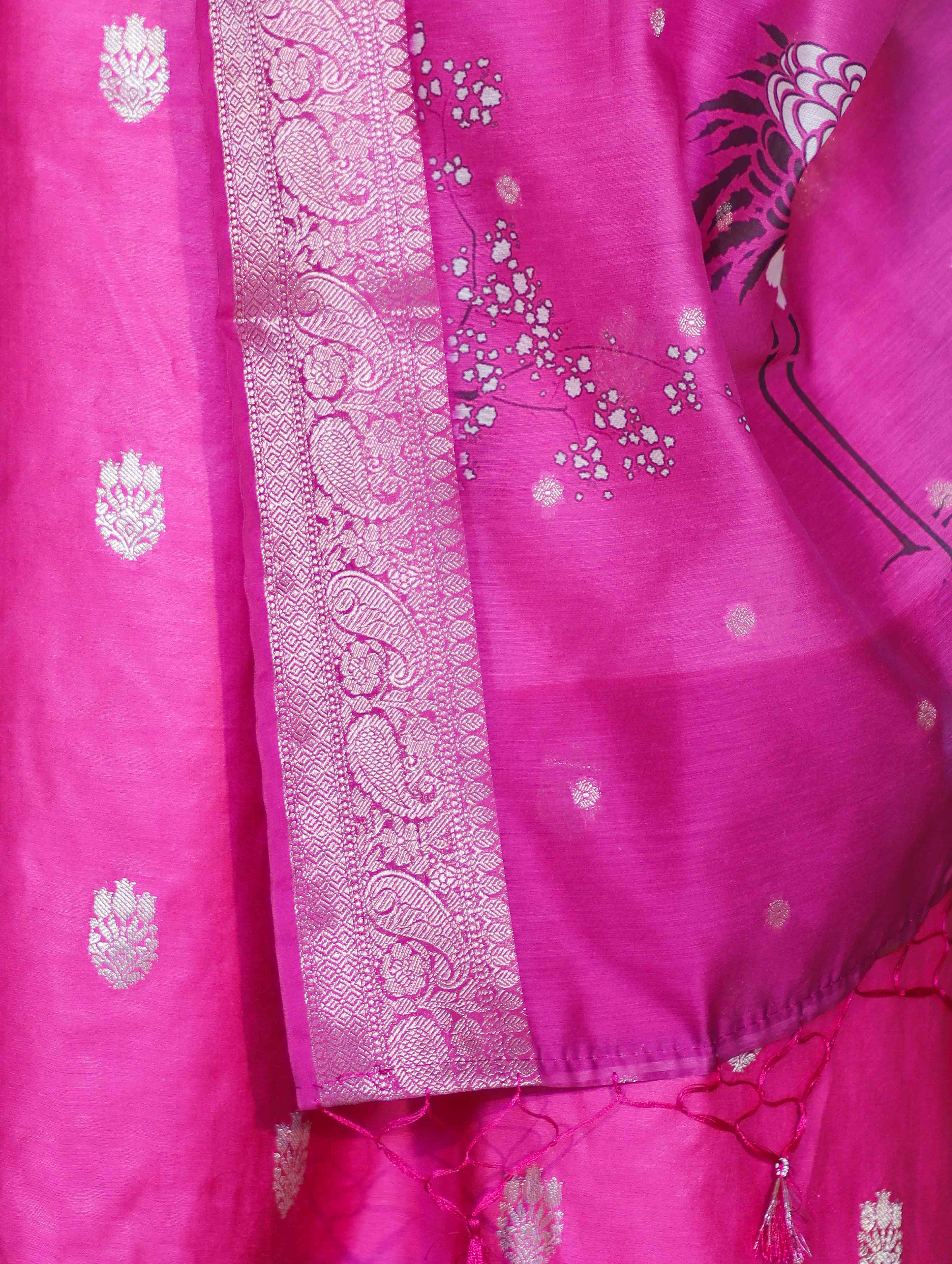Banarasee Semi-Silk Zari Work Salwar Kameez Fabric With Digital Printed Dupatta Set-Pink