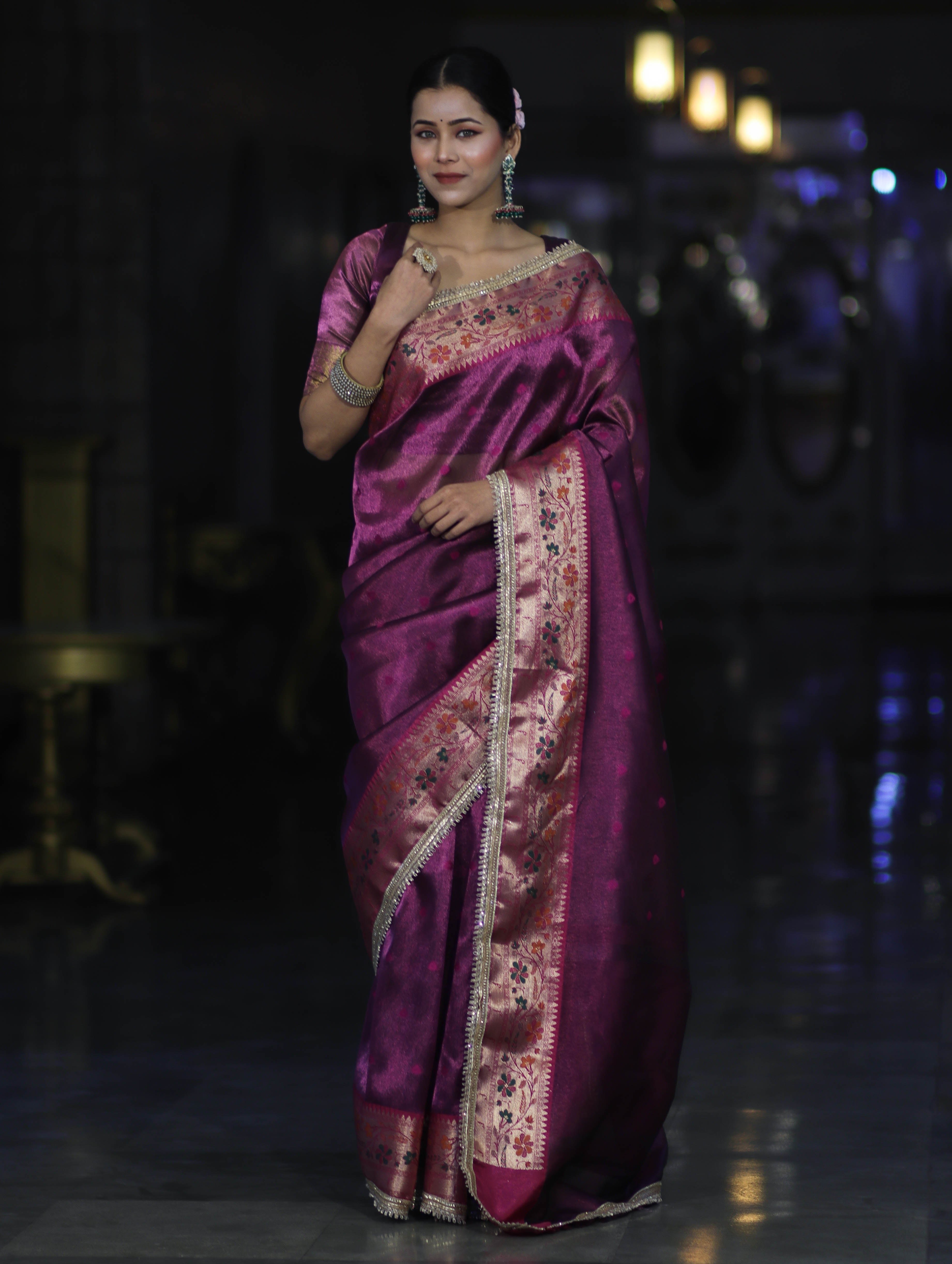 Banarasee Handloom Tissue Saree With Buti Design Contrast Border & Lace-Purple
